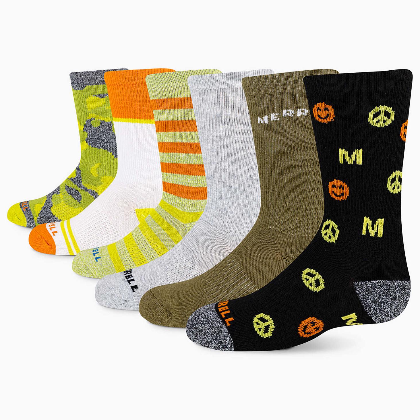 Merrell Big Kid's Everyday Crew Sock 6-Pack Green Assorted | Women/Men Socks