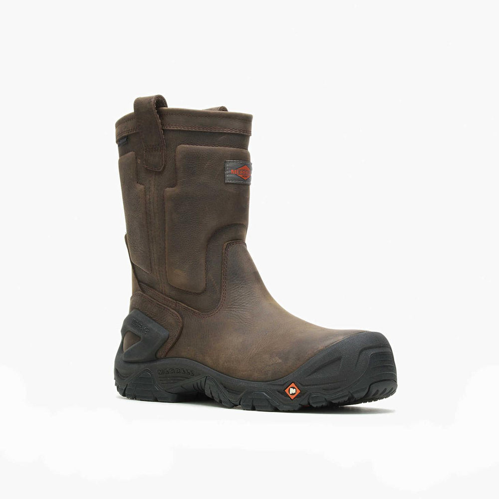 Merrell Strongfield Leather Pull On Waterproof Comp Toe Work Boot Wide Width Espresso | Men Boots